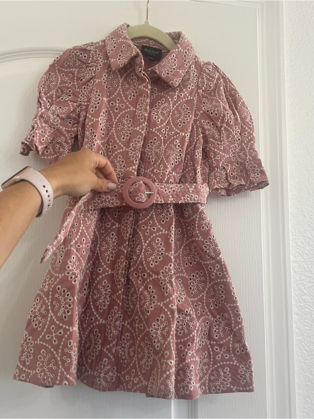 Bardot Dusty Rose Eyelet Belted Mini Dress